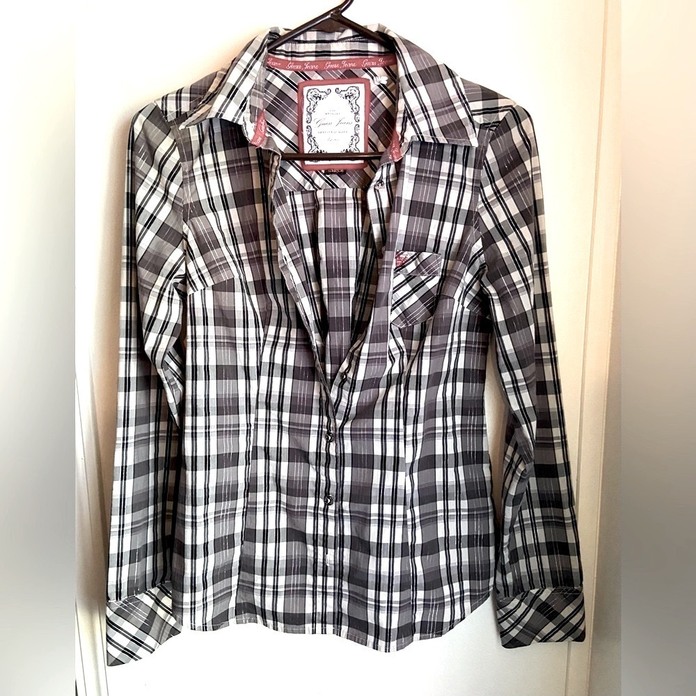 GUESS Black and White Button Down with Silver Sequins!